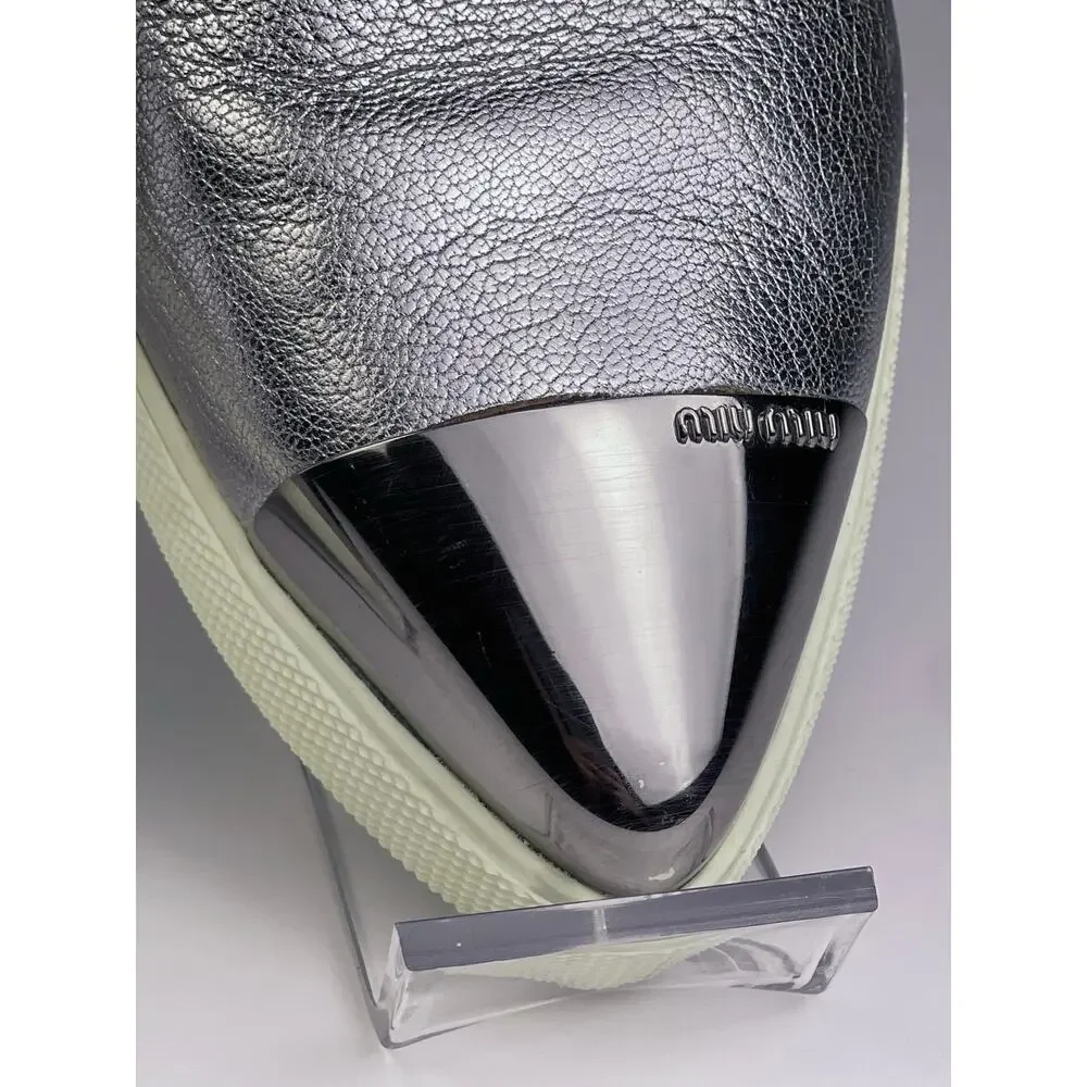 Miu Miu Silver Leather Pointed Toe Slip On Sneakers Loafers Sz 5.5 Prada - Picture 3 of 10